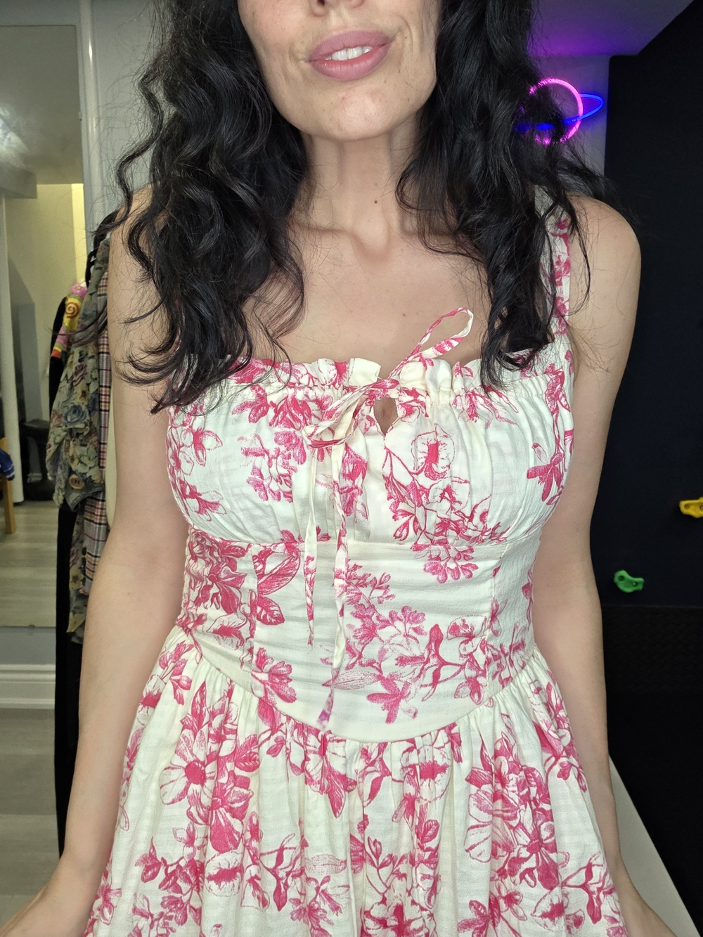 Women's Midi Sundress with Pink Floral Print - Tie Front